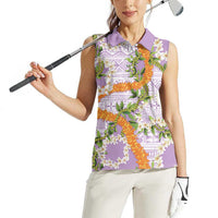 Aloha Festive Hawaii Women Sleeveless Polo Shirt Mokihana - Maile and Ilima on Lilac - Polynesian Pride