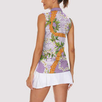 Aloha Festive Hawaii Women Sleeveless Polo Shirt Mokihana - Maile and Ilima on Lilac - Polynesian Pride
