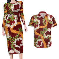 Aloha Festive Hawaii Couples Matching Long Sleeve Bodycon Dress and Hawaiian Shirt Mokihana - Maile and Ilima on Crimson - Polynesian Pride