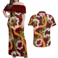 Aloha Festive Hawaii Couples Matching Off Shoulder Maxi Dress and Hawaiian Shirt Mokihana - Maile and Ilima on Crimson - Polynesian Pride