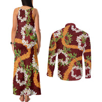 Aloha Festive Hawaii Couples Matching Tank Maxi Dress and Long Sleeve Button Shirt Mokihana - Maile and Ilima on Crimson - Polynesian Pride