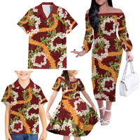 Aloha Festive Hawaii Family Matching Off The Shoulder Long Sleeve Dress and Hawaiian Shirt Mokihana - Maile and Ilima on Crimson - Polynesian Pride