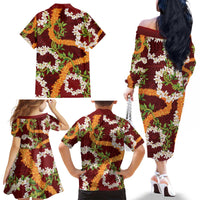 Aloha Festive Hawaii Family Matching Off The Shoulder Long Sleeve Dress and Hawaiian Shirt Mokihana - Maile and Ilima on Crimson - Polynesian Pride