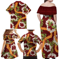 Aloha Festive Hawaii Family Matching Off Shoulder Maxi Dress and Hawaiian Shirt Mokihana - Maile and Ilima on Crimson - Polynesian Pride