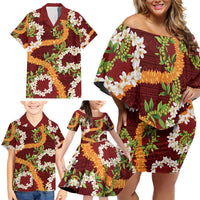Aloha Festive Hawaii Family Matching Off Shoulder Short Dress and Hawaiian Shirt Mokihana - Maile and Ilima on Crimson - Polynesian Pride