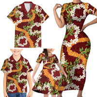 Aloha Festive Hawaii Family Matching Short Sleeve Bodycon Dress and Hawaiian Shirt Mokihana - Maile and Ilima on Crimson - Polynesian Pride