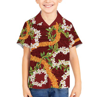 Aloha Festive Hawaii Kid Hawaiian Shirt Mokihana - Maile and Ilima on Crimson - Polynesian Pride