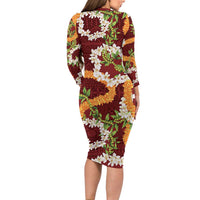 Aloha Festive Hawaii Long Sleeve Bodycon Dress Mokihana - Maile and Ilima on Crimson - Polynesian Pride