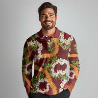 Aloha Festive Hawaii Long Sleeve Polo Shirt Mokihana - Maile and Ilima on Crimson - Polynesian Pride