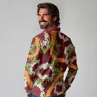 Aloha Festive Hawaii Long Sleeve Polo Shirt Mokihana - Maile and Ilima on Crimson - Polynesian Pride