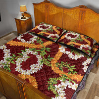 Aloha Festive Hawaii Quilt Bed Set Mokihana - Maile and Ilima on Crimson - Polynesian Pride