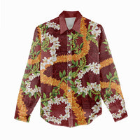 Aloha Festive Hawaii Women Casual Shirt Mokihana - Maile and Ilima on Crimson - Polynesian Pride