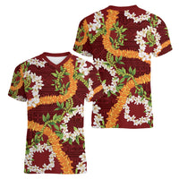 Aloha Festive Hawaii Women V-Neck T-Shirt Mokihana - Maile and Ilima on Crimson - Polynesian Pride