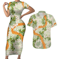 Aloha Festive Hawaii Couples Matching Short Sleeve Bodycon Dress and Hawaiian Shirt Mokihana - Maile Leis in Muted Summer - Polynesian Pride