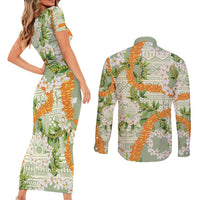 Aloha Festive Hawaii Couples Matching Short Sleeve Bodycon Dress and Long Sleeve Button Shirt Mokihana - Maile Leis in Muted Summer - Polynesian Pride