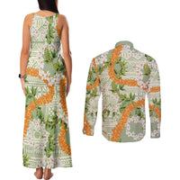Aloha Festive Hawaii Couples Matching Tank Maxi Dress and Long Sleeve Button Shirt Mokihana - Maile Leis in Muted Summer - Polynesian Pride