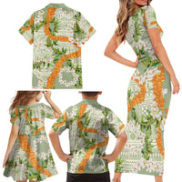 Aloha Festive Hawaii Family Matching Short Sleeve Bodycon Dress and Hawaiian Shirt Mokihana - Maile Leis in Muted Summer - Polynesian Pride