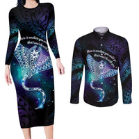 Polynesian Tala Manta Ray Couples Matching Long Sleeve Bodycon Dress and Long Sleeve Button Shirt Nowhere You Could Go That I Won't Be With You LT7 Purple Teal - Polynesian Pride