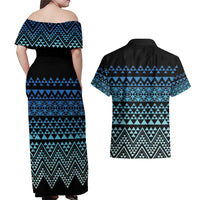 Maori Niho Taniwha Te Wheiao Couples Matching Off Shoulder Maxi Dress and Hawaiian Shirt Moana Blue - Polynesian Pride