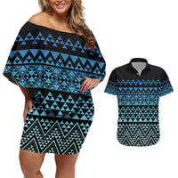 Maori Niho Taniwha Te Wheiao Couples Matching Off Shoulder Short Dress and Hawaiian Shirt Moana Blue - Polynesian Pride
