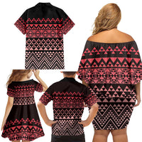 Maori Niho Taniwha Te Wheiao Family Matching Off Shoulder Short Dress and Hawaiian Shirt Terracotta - Polynesian Pride