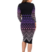 Maori Niho Taniwha Te Wheiao Long Sleeve Bodycon Dress Waiporoporo - Polynesian Pride