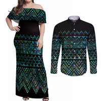Maori Niho Taniwha Te Wheiao Couples Matching Off Shoulder Maxi Dress and Long Sleeve Button Shirt Paua Shell LT7 Colorful - Polynesian Pride