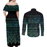 Maori Niho Taniwha Te Wheiao Couples Matching Off Shoulder Maxi Dress and Long Sleeve Button Shirt Paua Shell LT7 - Polynesian Pride
