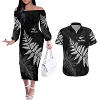 New Zealand Lawn Bowls Personalized Couples Matching Off The Shoulder Long Sleeve Dress and Hawaiian Shirt Wrap-Around Silver Fern LT7 Black - Polynesian Pride