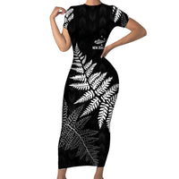 New Zealand Lawn Bowls Personalized Family Matching Short Sleeve Bodycon Dress and Hawaiian Shirt Wrap-Around Silver Fern LT7 Mom's Dress Black - Polynesian Pride