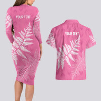 New Zealand Lawn Bowls Breast Cancer Personalized Couples Matching Long Sleeve Bodycon Dress and Hawaiian Shirt Wrap-Around Silver Fern LT7 - Polynesian Pride