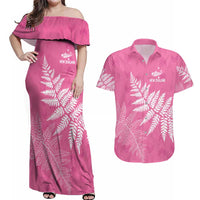 New Zealand Lawn Bowls Breast Cancer Personalized Couples Matching Off Shoulder Maxi Dress and Hawaiian Shirt Wrap-Around Silver Fern LT7 Pink - Polynesian Pride