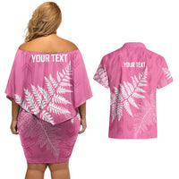 New Zealand Lawn Bowls Breast Cancer Personalized Couples Matching Off Shoulder Short Dress and Hawaiian Shirt Wrap-Around Silver Fern - Polynesian Pride