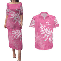 New Zealand Lawn Bowls Breast Cancer Personalized Couples Matching Puletasi and Hawaiian Shirt Wrap-Around Silver Fern LT7 Pink - Polynesian Pride