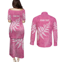 New Zealand Lawn Bowls Breast Cancer Personalized Couples Matching Puletasi and Long Sleeve Button Shirt Wrap-Around Silver Fern - Polynesian Pride