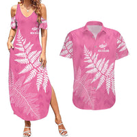 New Zealand Lawn Bowls Breast Cancer Personalized Couples Matching Summer Maxi Dress and Hawaiian Shirt Wrap-Around Silver Fern LT7 Pink - Polynesian Pride