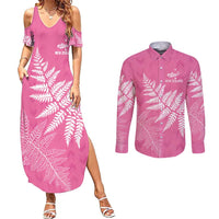 New Zealand Lawn Bowls Breast Cancer Personalized Couples Matching Summer Maxi Dress and Long Sleeve Button Shirt Wrap-Around Silver Fern LT7 Pink - Polynesian Pride
