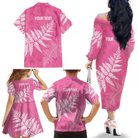 New Zealand Lawn Bowls Breast Cancer Personalized Family Matching Off The Shoulder Long Sleeve Dress and Hawaiian Shirt Wrap-Around Silver Fern LT7 - Polynesian Pride