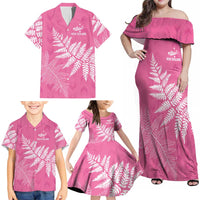 New Zealand Lawn Bowls Breast Cancer Personalized Family Matching Off Shoulder Maxi Dress and Hawaiian Shirt Wrap-Around Silver Fern LT7 - Polynesian Pride