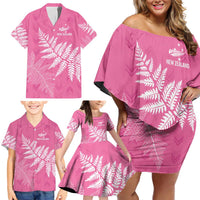 New Zealand Lawn Bowls Breast Cancer Personalized Family Matching Off Shoulder Short Dress and Hawaiian Shirt Wrap-Around Silver Fern LT7 - Polynesian Pride