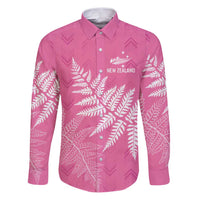 New Zealand Lawn Bowls Breast Cancer Personalized Family Matching Puletasi and Hawaiian Shirt Wrap-Around Silver Fern LT7 Dad's Shirt - Long Sleeve Pink - Polynesian Pride