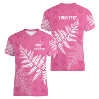 New Zealand Lawn Bowls Breast Cancer Personalized Women V-Neck T-Shirt Wrap-Around Silver Fern LT7 - Polynesian Pride