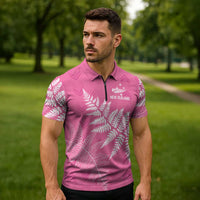 New Zealand Lawn Bowls Breast Cancer Personalized Zipper Polo Shirt Wrap-Around Silver Fern - Polynesian Pride
