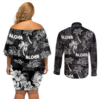 Aloha Vintage Quilt Couples Matching Off Shoulder Short Dress and Long Sleeve Button Shirt Hawaiian Seamless - Black LT7 - Polynesian Pride