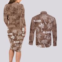 Aloha Vintage Quilt Couples Matching Long Sleeve Bodycon Dress and Long Sleeve Button Shirt Hawaiian Seamless - Brown LT7 - Polynesian Pride
