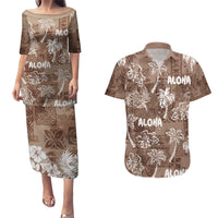 Aloha Vintage Quilt Couples Matching Puletasi Dress and Hawaiian Shirt Hawaiian Seamless - Brown LT7 Brown - Polynesian Pride