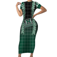 Rainbow Warriors Hawaii Palaka Family Matching Short Sleeve Bodycon Dress and Hawaiian Shirt Maile Lei LT7 Mom's Dress Dark Green - Polynesian Pride