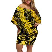 Hawaii Oahu Ilima Lei Family Matching Off Shoulder Short Dress and Hawaiian Shirt LT7 Mom's Dress Yellow - Polynesian Pride