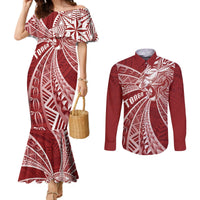 Tonga Independence Day Couples Matching Mermaid Dress and Long Sleeve Button Shirt Tongatapu Lion Ngatu Motifs LT7 Red - Polynesian Pride