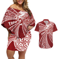 Tonga Independence Day Couples Matching Off Shoulder Short Dress and Hawaiian Shirt Tongatapu Lion Ngatu Motifs LT7 Red - Polynesian Pride